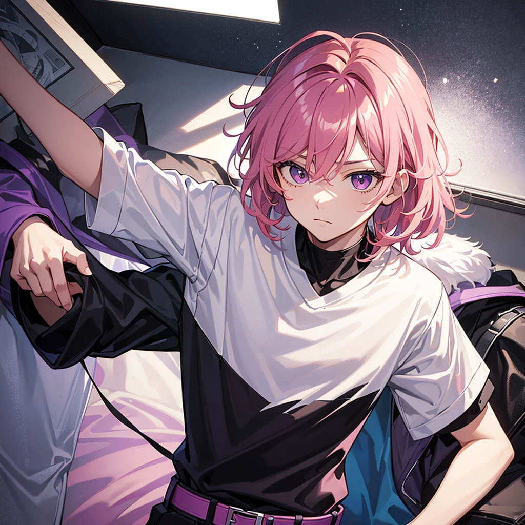 Saika have ,he is a boy, he has short striking pink hair that falls in soft waves around his face, complementing his vibrant purple eyes. His features are sharp and defined, with a youthful charm that is accentuated by his slender build. He often wears a stylish black jacket over a graphic t-shirt and jogging àd sometimes tight, completing his edgy and modern look, he is in his bedroom.