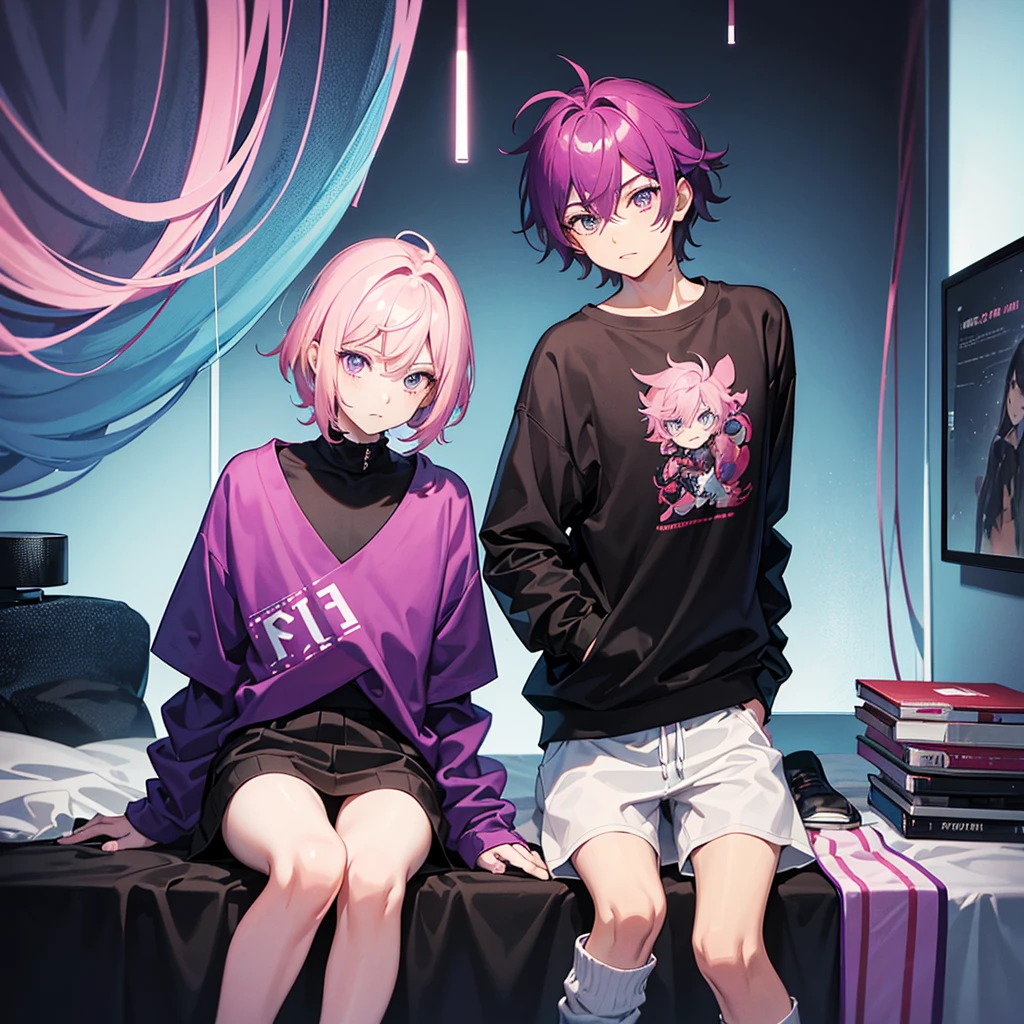 Saika have 14 years old,he is a boy, he has short striking pink hair that falls in soft waves around his face, complementing his vibrant purple eyes. His features are sharp and defined, with a youthful charm that is accentuated by his slender build. He often wears a stylish black jacket over a graphic t-shirt and jogging àd sometimes tight, completing his edgy and modern look, he is in his bedroom.