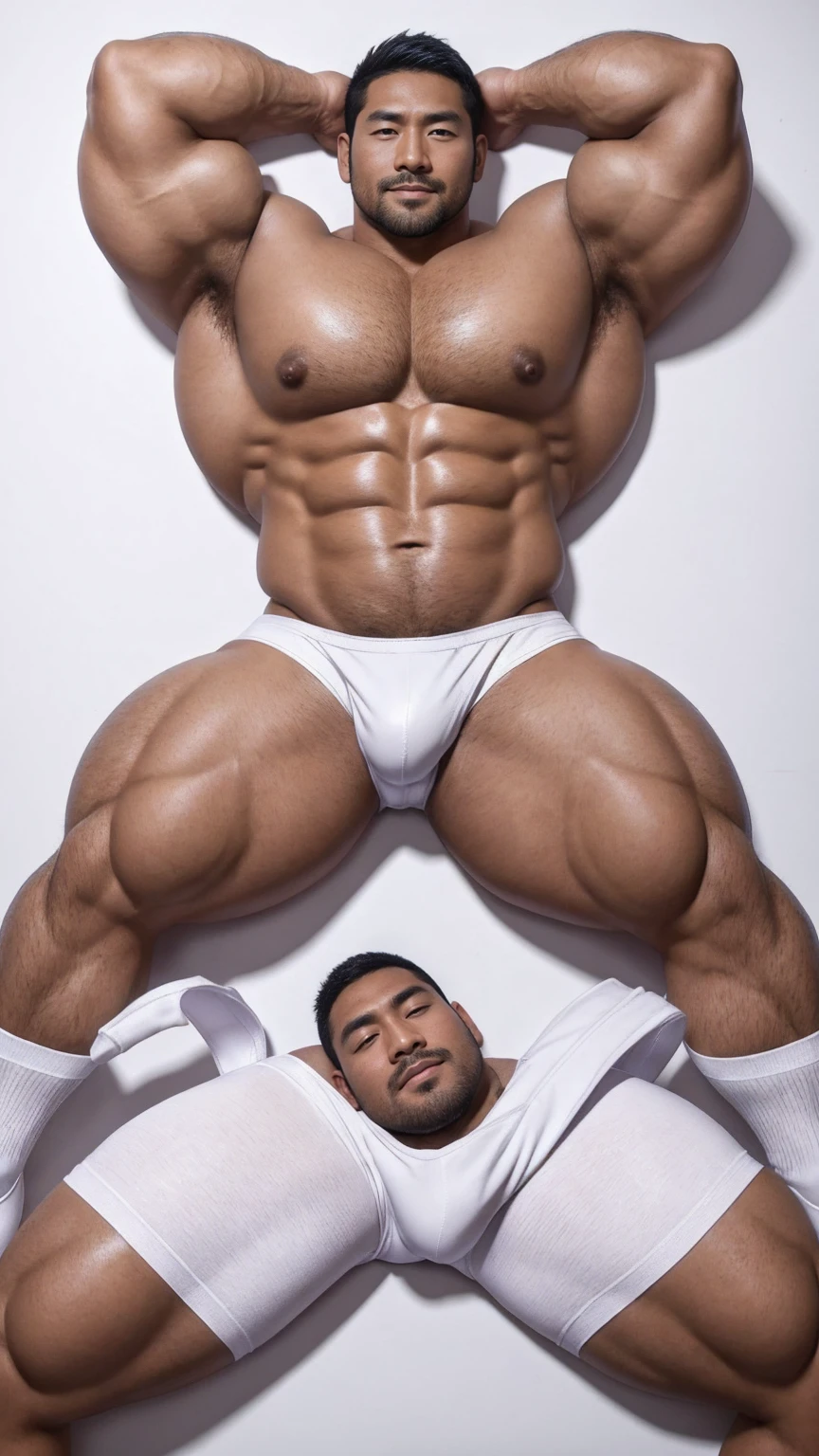 There is only one handsome Asian actor in the photo，35 years old，High target, Fitness，short hair, O-Shaped Beard，Perfect body, Dark skin color，Radiant Skin，Smooth skin，Muscle bulge, muscular, Very large pectoral muscles，Very sexy abdominal muscles，Very well-developed leg muscles，Huge concave and convex area，Brightens oily skin，Wearing a white leather shiny thong，Handsome face， Correct and accurate male body proportions, Wear white socks，Put your hands behind your back，Lying on gray background
