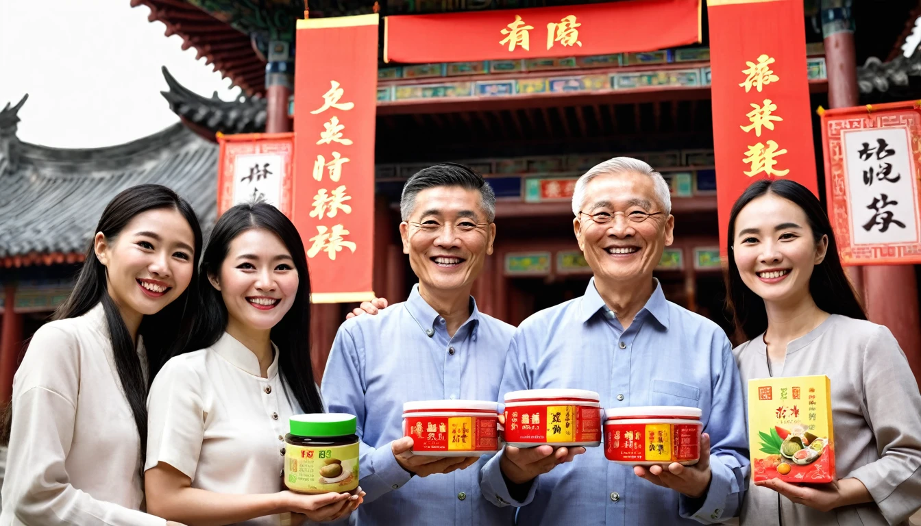 A group of people of different ages holding YangJinFang health products，Smiling，Symbolizes the health and well-being shared by all people，Background of traditional Chinese architecture，Showing a strong cultural atmosphere。