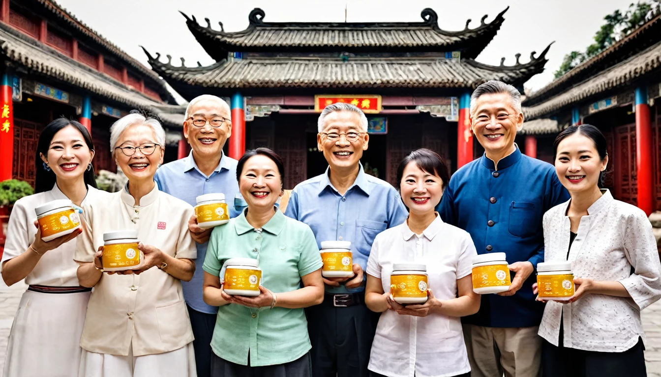 A group of people of different ages holding YangJinFang health products，Smiling，Symbolizes the health and well-being shared by all people，Background of traditional Chinese architecture，Showing a strong cultural atmosphere。