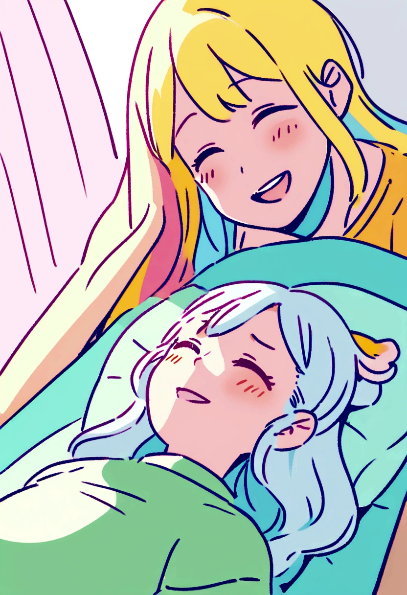 Create an illustration of a happy person caring for someone who needs their help while lying in a hospital bed