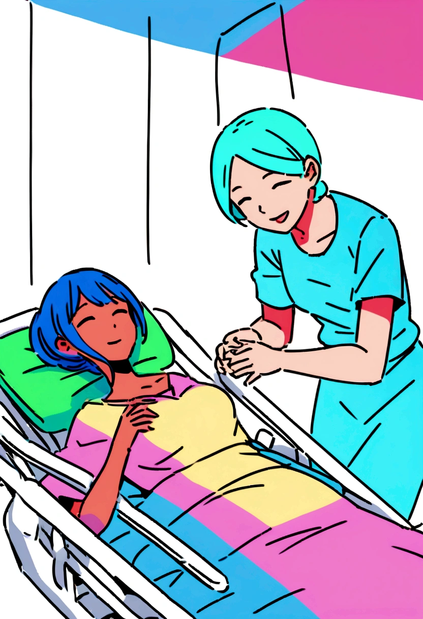 Create an illustration of a happy person caring for someone who needs their help while lying in a hospital bed