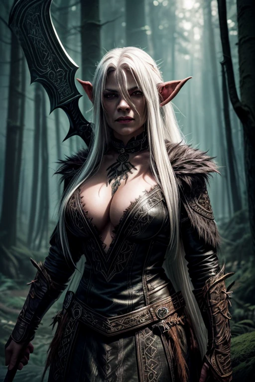 a female orc with long white hair, green eyes, sharp fangs, intricate tribal tattoos, wearing fur and leather dress, holding axe, standing in a dark forest, dramatic lighting, fantasy art style, cinematic composition, highly detailed, ultra-realistic, 8k, photorealistic, concept art, jrr tolkien, Tolkien style orc