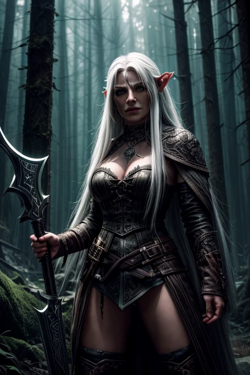 Gray ash skin nonbinary Elf wearing vikings outfit and with big breast