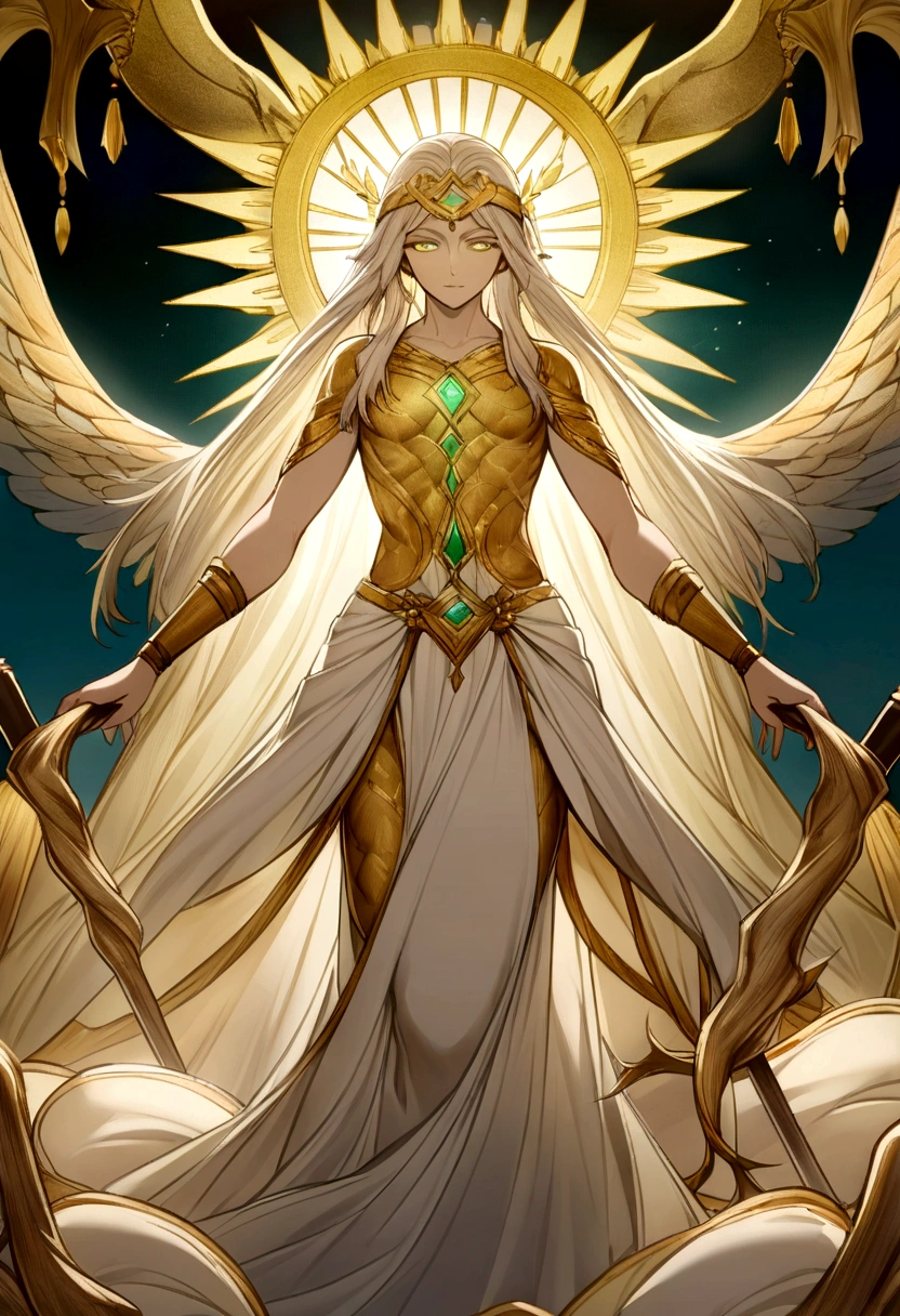 Here is the translated description:
"Create an image of the god Himeros, the Greek god of desire and longing, holding the staff of Asclepius, the symbol of medicine. Himeros should be depicted as a divine young man of ethereal beauty, with long, wavy golden hair. His skin should have a soft, healthy glow, and his eyes should convey a mixture of passion and longing. Adorn him with angelic wings that radiate a gentle luminescence.
Himeros should be dressed in an elegant Greek tunic, white with golden embroidery, gracefully draped over his athletic body. He should hold the staff of Asclepius in one hand, which is a rustic wooden rod entwined by an emerald serpent that appears alive, with detailed scales and piercing eyes. The staff should emanate an aura of healing and wisdom, with subtle golden glimmers radiating from its surface.
The background setting can be a celestial garden, filled with exotic flowers and lush trees, bathed in the soft golden light of twilight. Mythological elements, such as ancient fountains and statues, can add depth to the scene. The image should capture the duality between passionate desire and mystical healing, evoking a sense of serenity, mystery, and divine power."