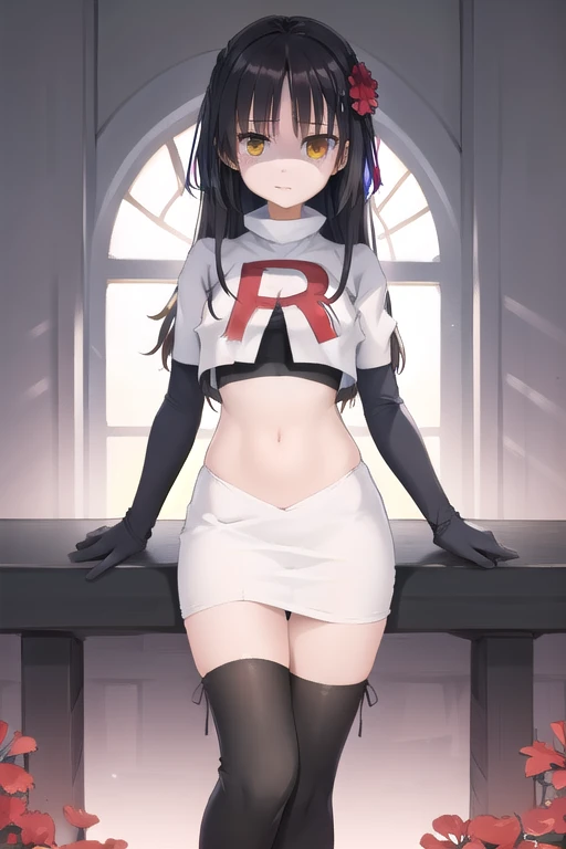 solo, Natsume, black hair, yellow eyes, long hair, hairclip, hair ribbon, mole under eye, hair flower, red flower, team rocket,team rocket uniform,white skirt,red letter R,crop top,black thigh-highs,black elbow gloves