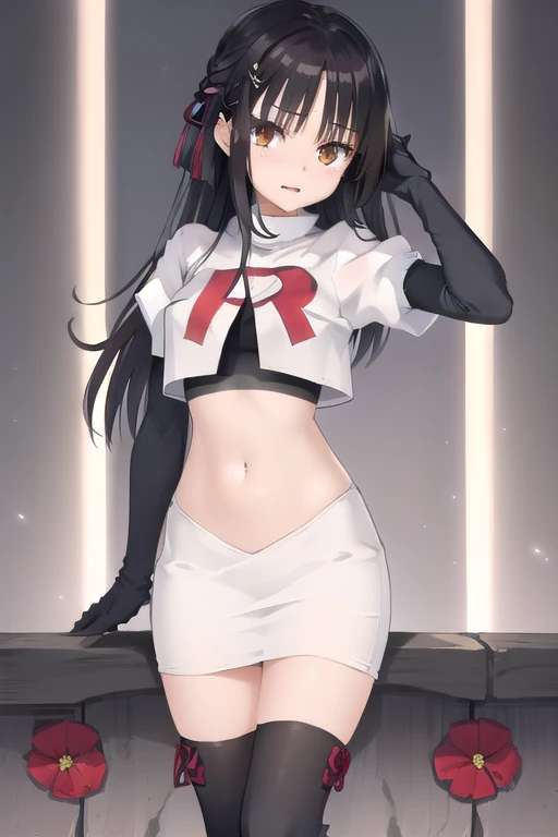 solo, Natsume, black hair, yellow eyes, long hair, hairclip, hair ribbon, mole under eye, hair flower, red flower, team rocket,team rocket uniform,white skirt,red letter R,crop top,black thigh-highs,black elbow gloves