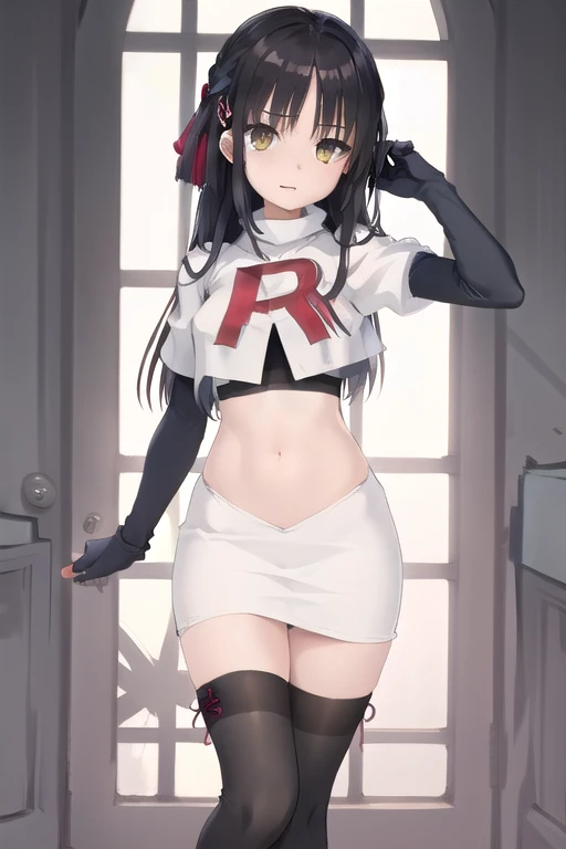 solo, Natsume, black hair, yellow eyes, long hair, hairclip, hair ribbon, mole under eye, hair flower, red flower, team rocket,team rocket uniform,white skirt,red letter R,crop top,black thigh-highs,black elbow gloves