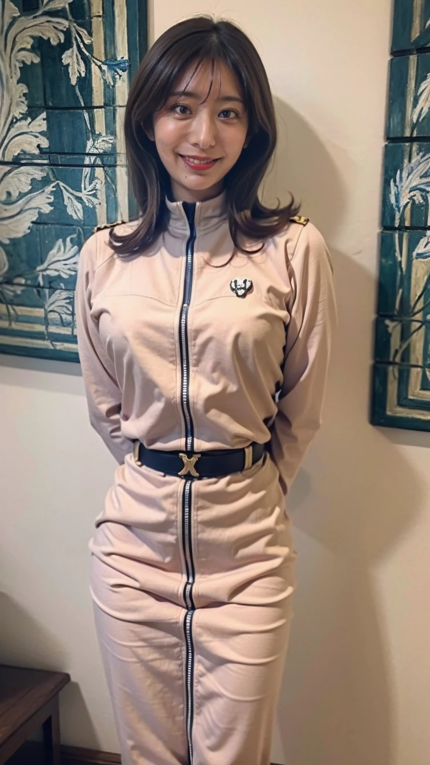 (8K、RAW Photos、Highest quality、masterpiece:1.2)、(Realistic、Realistic)、1 girl、((federal army uniform:1.5、With pubic hair、Large Breasts、Full body from the front、Standing with hands behind back、))、Lots of eyelashes、Glowing eyelids、skeletally correct、smile、This photo will awaken boys to sex