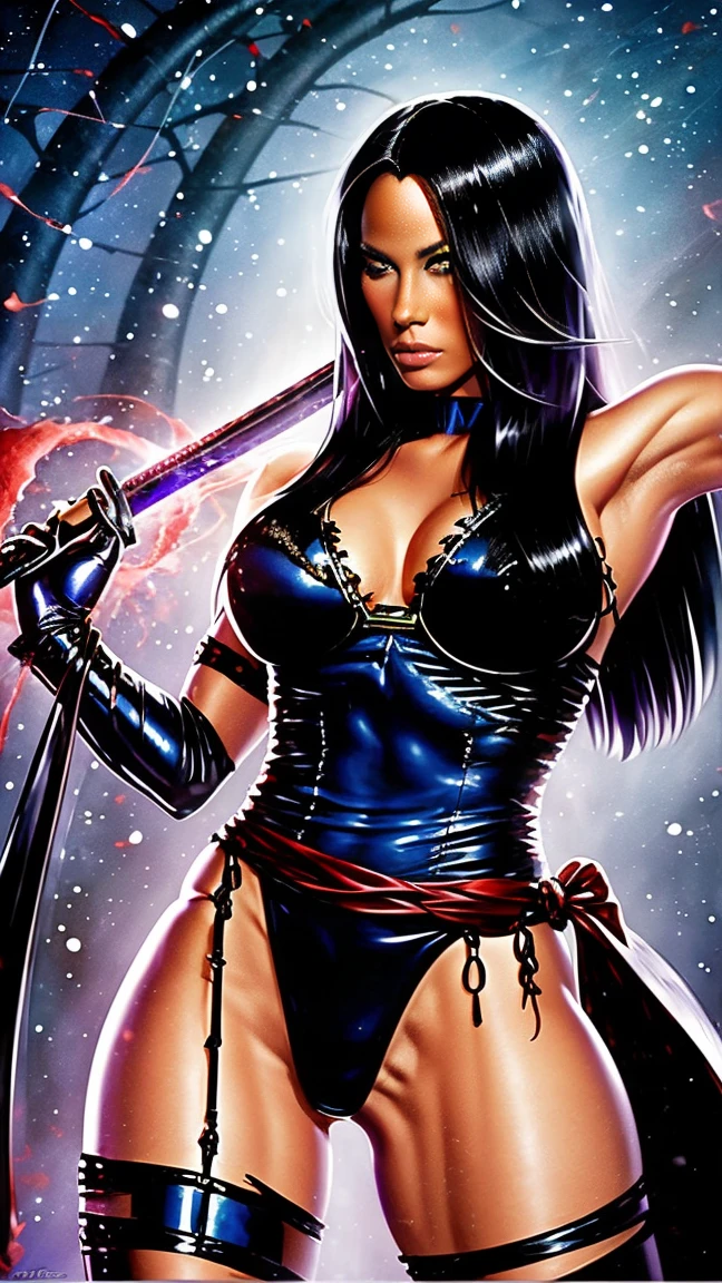 Artistic image of Fegan Fox as Betsy Braddock Psylocke, busty, beautiful, dark blue suit, Katana in hand, black fur, big breasts, by Luis Royo, Boris Vallejo, Frank Frazetta, extreme focus, sharp details, sexy,  Oily skin, sexy, Mischievous, dynamic pose,