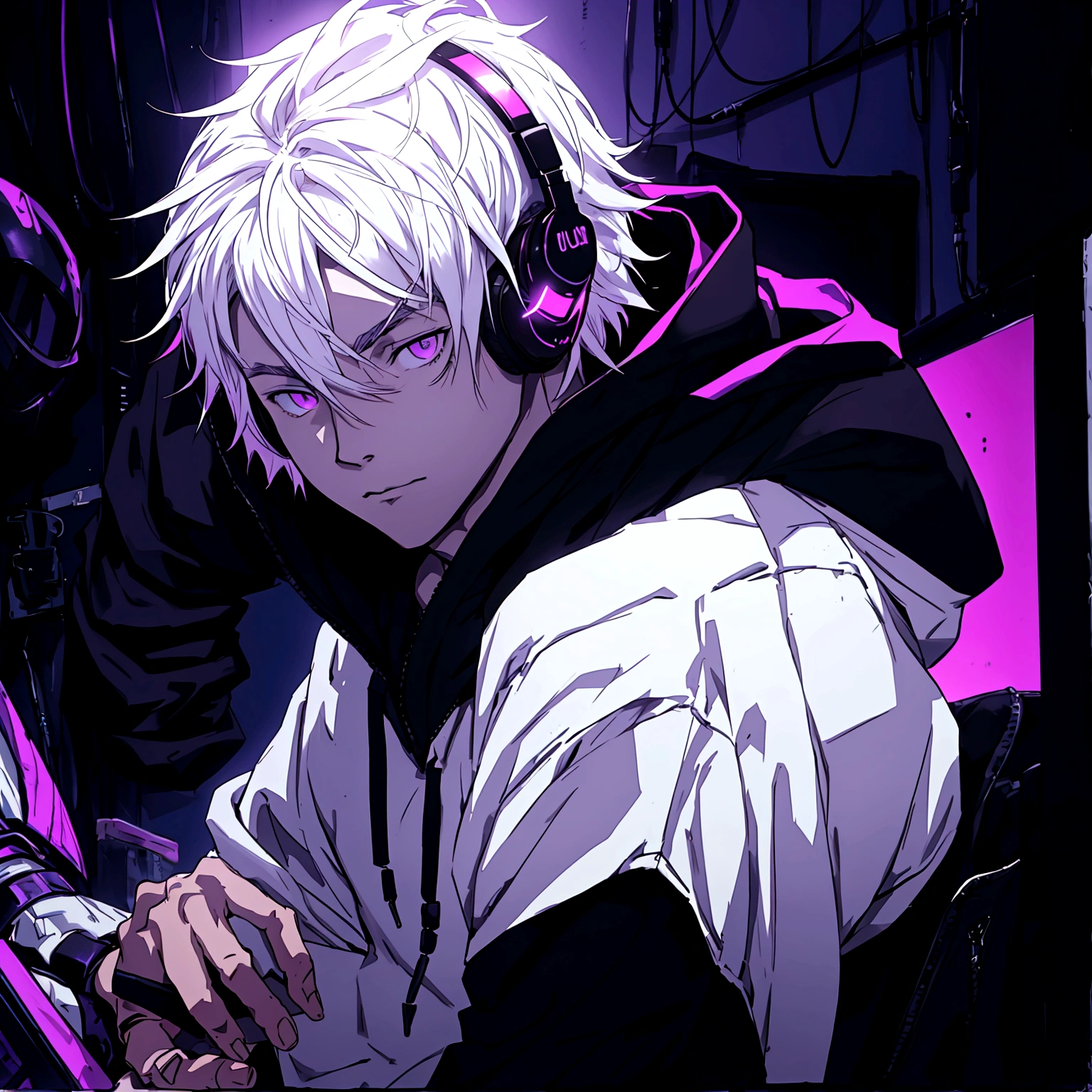 (Anime style) 1 man, alone man, young man, white skin, purple eyes, short white hair, with headphones, black hoodie, using the computer in his room, black room with neon lights in the background.