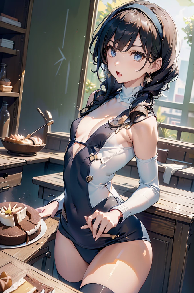 (small breasts:1.3), (perky chest:1.1), (pointed chest:1.0), (Pudding cake magazine cover:1.3),(from above:1.0),(from side:0.9),masterpiece, 1girl, Amazing Cleavage:1.1, thin waist, big ass, Raised sexy, small breast: 1.3, sexy posed cleavage:1.2,solo, open mouth, have a cute grass of cute beergrass,bronde hair, dark blue eyes, dress, bare shoulders, jewelry, collarbone, sidelocks, hairband, earrings, indoors, off shoulder, sweater, arms behind back, plant, short hair with long locks, gild hairband, sweater dress:1.2, off-shoulder sweater, red sweater, dark gord hair, big side hair, very long side hair,is rendered in (masterpiece: 1.2, best quality), with (ultra high resolution) and an exquisite (depth of field). This masterpiece is not only visually stunning but also tells,A scene of cooking in the kitchen in the classroom ,looking at viewer,