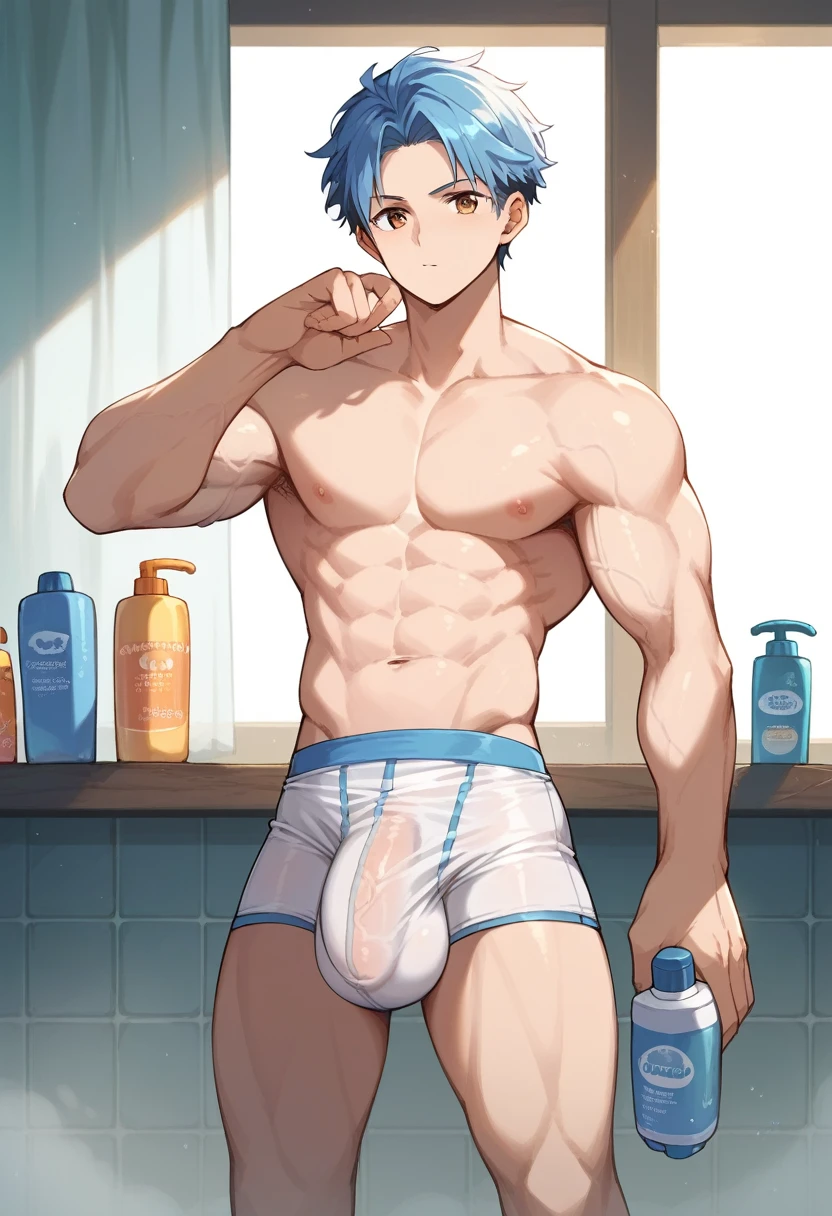 (score_9,score_8_up,score_7_up,score_6_up,score_5_up,score_4_up, source_anime), 8k, best quality, best lighting, BREAK, 1boy is  yo, muscled, topless, tight male underwear, ((veiny arms: 1.3)), ((extremely super huge and thick and long and long and long penis shape bulge: 1.7)), horizontally erection in underwear, ((extremely super big and huge testicles shape bulge: 1.5)), selfie, confidence, (shampoo bottle is on his bulge: 1.7), washroom