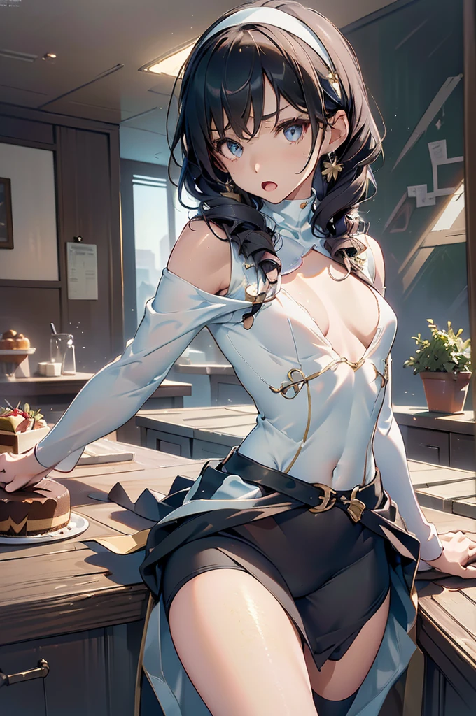 (small breasts:1.3), (perky chest:1.1), (pointed chest:1.0), (Pudding cake magazine cover:1.3),(from above:1.0),(from side:0.9),masterpiece, 1girl, Amazing Cleavage:1.1, thin waist, big ass, Raised sexy, small breast: 1.3, sexy posed cleavage:1.2,solo, open mouth, have a cute grass of cute beergrass,bronde hair, dark blue eyes, dress, bare shoulders, jewelry, collarbone, sidelocks, hairband, earrings, indoors, off shoulder, sweater, arms behind back, plant, short hair with long locks, gild hairband, sweater dress:1.2, off-shoulder sweater, red sweater, dark gord hair, big side hair, very long side hair,is rendered in (masterpiece: 1.2, best quality), with (ultra high resolution) and an exquisite (depth of field). This masterpiece is not only visually stunning but also tells,A scene of cooking in the kitchen in the classroom ,looking at viewer,