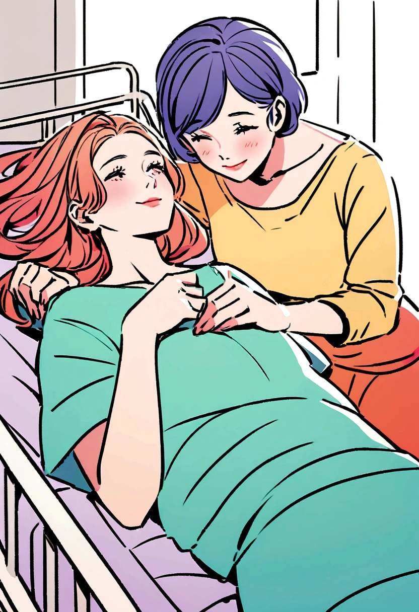 Create an illustration of a happy person caring for someone who needs their help while lying in a hospital bed