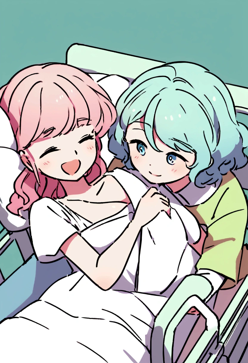 Create an illustration of a happy person caring for someone who needs their help while lying in a hospital bed