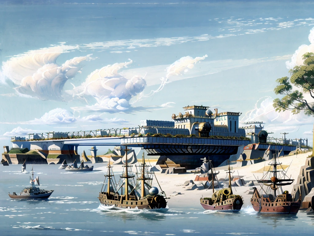 DVD screengrab from studio ghibli movie, beautiful seaside steampunk observatory, clouds on blue sky, designed by Hayao Miyazaki, retro anime
