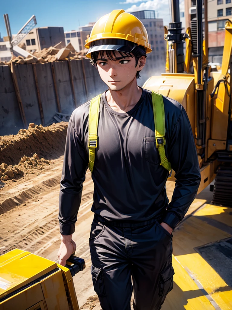 Highest quality,Highest Resolution,Man working at construction site,Black work clothes,Yellow helmet,Excavator,sunny,Sweating profusely