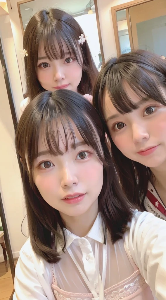 1 female、Highest quality、Ultra-high resolution、(Realistic:1.4)、blush、cute、(Detailed face)、Laughter、Taking a selfie in front of a mirror with a smartphone、Inside the room、Tight underwear、White underwear、E cup breasts、whole body、Selfie feeling、Married women
