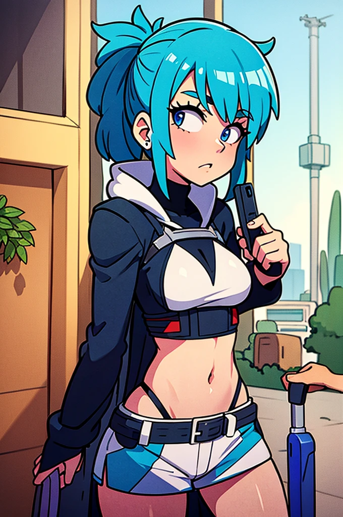 blue-haired fairy shoots her enemy in a very futuristic city