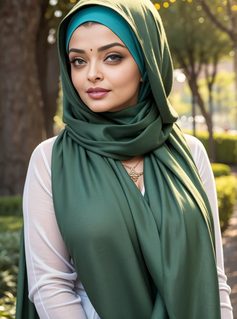 RAW, Best quality, high resolution, masterpiece: 1.3), Busty Aishwarya Rai in hijab ,Masterpiece, perfect fit body, ((Huge breast)), big orgeous eyes, Soft smile,woman in a green scarf standing in a city garden, lovely woman, hijab, Busty Aishwarya Rai in hijab, with lovely look, casual pose, beautiful lady, shawl, beautiful woman, with accurate, scarf,Delicate turtleneck, necklace, shairband, afternoon walk, City garden, Excellent lighting, Bright colors, Clean lines