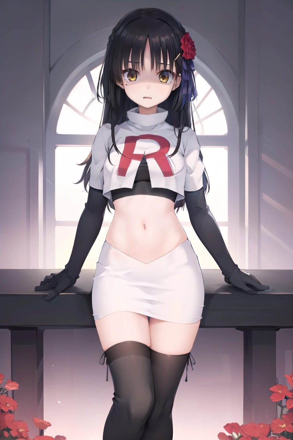 solo, Natsume, black hair, yellow eyes, long hair, hairclip, hair ribbon, mole under eye, hair flower, red flower, team rocket,team rocket uniform,white skirt,red letter R,crop top,black thigh-highs,black elbow gloves