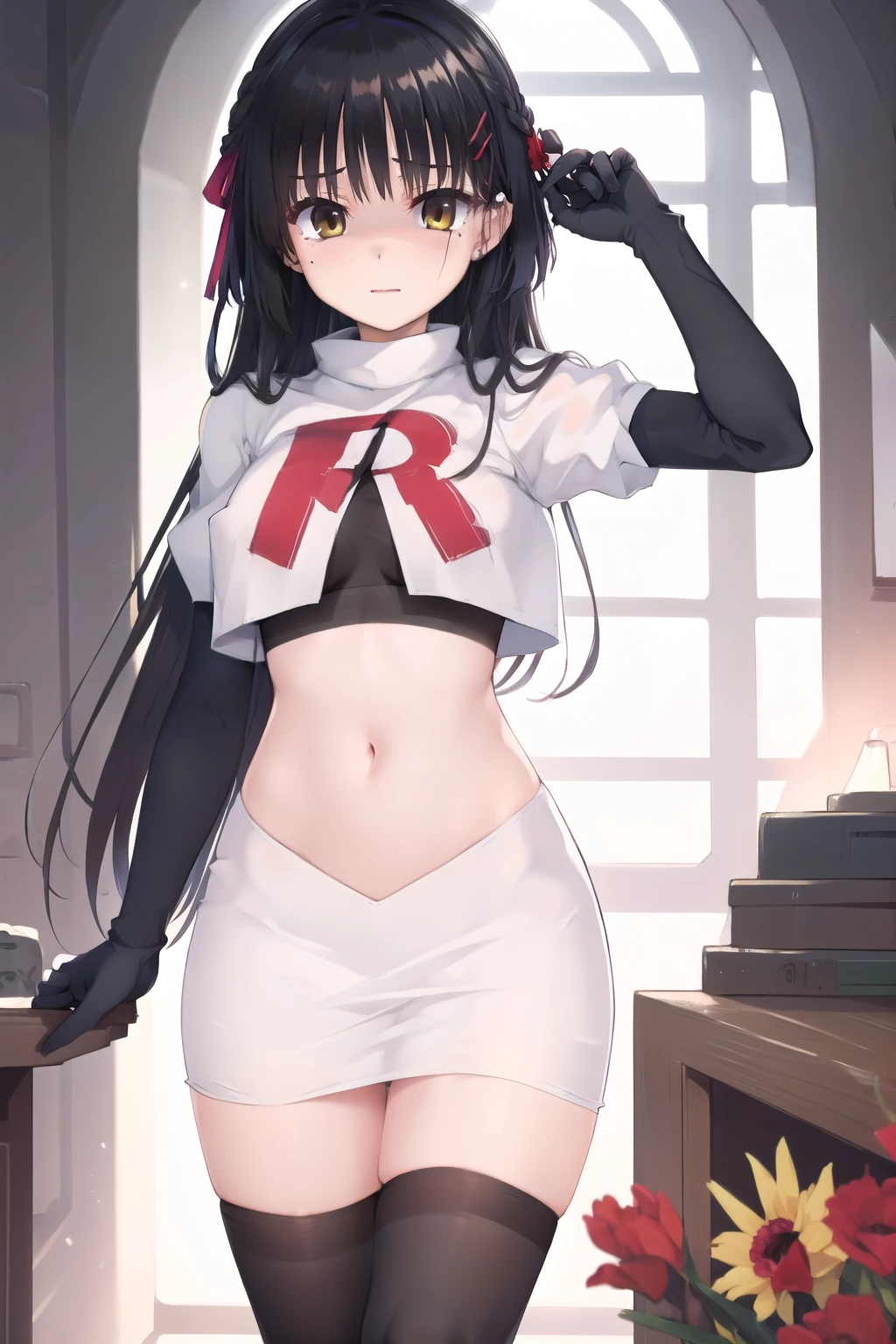 solo, Natsume, black hair, yellow eyes, long hair, hairclip, hair ribbon, mole under eye, hair flower, red flower, team rocket,team rocket uniform,white skirt,red letter R,crop top,black thigh-highs,black elbow gloves