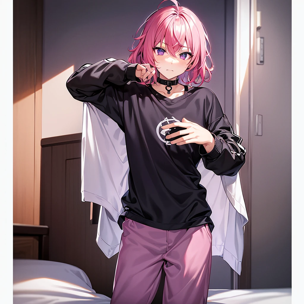 Saika have ,he is a boy, he has short striking pink hair that falls in soft waves around his face, complementing his vibrant purple eyes. His features are sharp and defined, with a youthful charm that is accentuated by his slender build. He often wears a stylish black jacket over a graphic t-shirt and jogging àd sometimes tight, completing his edgy and modern look, he is in his bedroom.