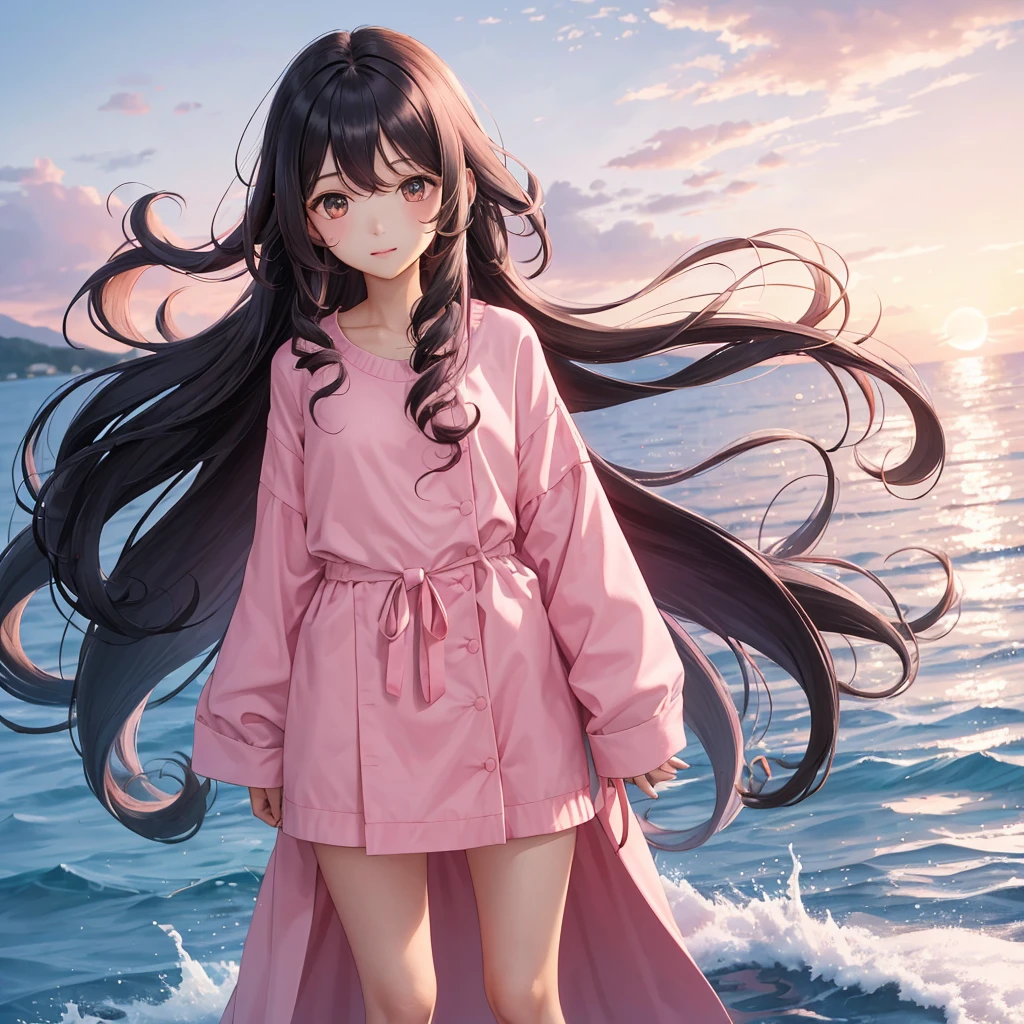 1girl, older, long hair, black curly hair, no smile, mature face, day, pink sea, pink sky,