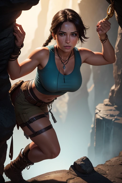 Create a realistic image of Lara Croft discovering an golden key while standing on the top of a view point in an underground cave. Lara is wearing her classic Tomb Raider outfit: a light blue tank top, cargo shorts, sturdy boots. She is illuminated by the light from her golden key, which casts flickering shadows on the cave walls. The cave is filled with intricate carvings, ancient symbols, and stalactites hanging from the ceiling. Lara is kneeling or bending down, opening a door with a golden key. The golden key is a detailed. perfect face, ultra detailed face, perfect brown eyes, beautiful face, perfect anatomy. Additional Details: Background: Underground cave with intricate carvings, ancient symbols, stalactites, and shadows cast by the torchlight. Lighting: it's dark, night time, Flickering torchlight illuminating the scene, creating dramatic shadows and a sense of mystery. (8k, RAW photo, best quality, masterpiece:1.2),ultra-detailed, (high detailed skin:1.2), 8k uhd, dslr, soft lighting, high quality
