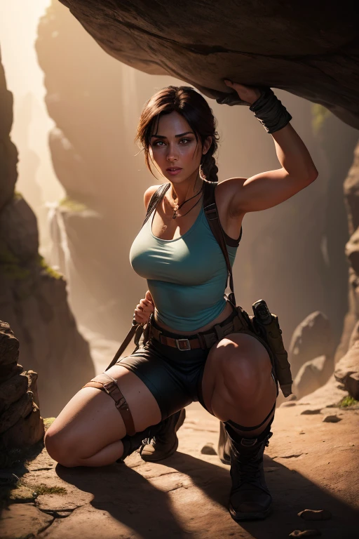 Create a realistic image of Lara Croft discovering an golden key while standing on the top of a view point in an underground cave. Lara is wearing her classic Tomb Raider outfit: a light blue tank top, cargo shorts, sturdy boots. She is illuminated by the light from her golden key, which casts flickering shadows on the cave walls. The cave is filled with intricate carvings, ancient symbols, and stalactites hanging from the ceiling. Lara is kneeling or bending down, opening a door with a golden key. The golden key is a detailed. perfect face, ultra detailed face, perfect brown eyes, beautiful face, perfect anatomy. Additional Details: Background: Underground cave with intricate carvings, ancient symbols, stalactites, and shadows cast by the torchlight. Lighting: it's dark, night time, Flickering torchlight illuminating the scene, creating dramatic shadows and a sense of mystery. (8k, RAW photo, best quality, masterpiece:1.2),ultra-detailed, (high detailed skin:1.2), 8k uhd, dslr, soft lighting, high quality