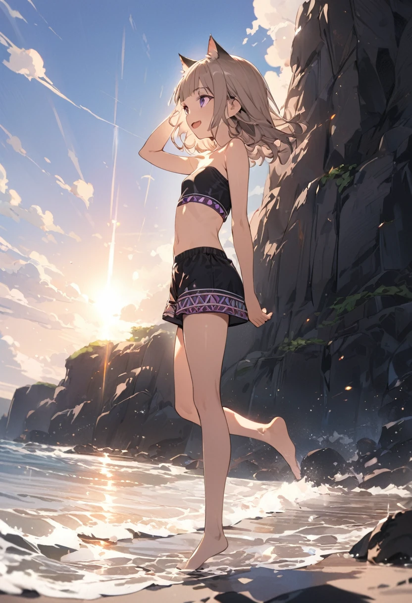 ((Masterpiece)), ((best quality)), (Anime:1.3), (super detail:1.2),(High Definition:1.3), (Professional Photography:1.2), (wide shot), cinematic lighting, (sharp focus), (perfect light), from side, ((1girl)), ((12 years old)), (full body), looking up, messy medium hair, Beautiful collarbone, ((Embroidered Tribal black tubutop)), strapless, (bare arms), cute navel, (Tribal boxer shorts), (Healthy slim body), (loose blunt bangs), Slender body, glossy skin, (naughty smile), open mouth, ((Beautiful purple eyes)), Textured skin, (Cat ears), (Pale brown hair), Cute Beautiful Girl, (slightly exposed medium breast), BREAK, ((best quality)), (full body), ((1girl)), ((loose arm up)), standing on one leg, (the shoreline at dawn), (sharp focus), (perfect light),