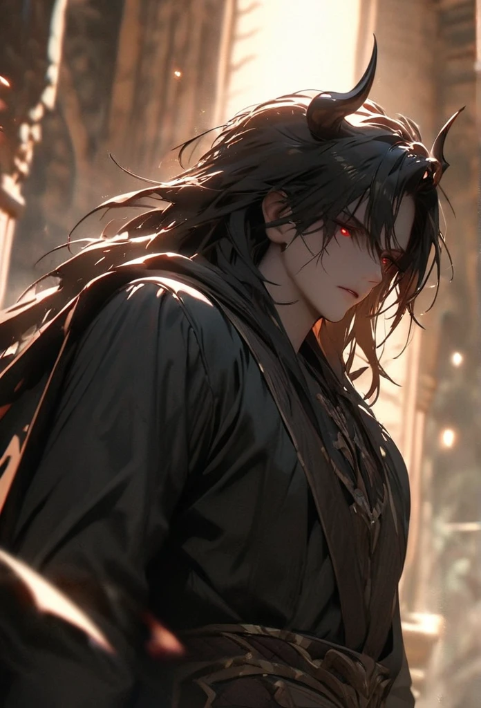 (solo), masculine, black hair, messy hair, mane hair, long hair, dense hair, wild hair, expressive hair, mature,(25 year old), pale skin, red eyes, ((man)), wearing a black shirt, Black cloak, black demon horns,, serious, handsome, attractive, eye reflection, depth of field, thunder aura,cinematic lighting, ray tracing, depth of field, cinematic lighting, ray tracing, UHD, high details, best quality, highres, high quality, award winning, super detail, masterpiece, 8k, UHD, high details, best quality, highres, high quality, award winning, super detail, masterpiece, 8k, digital art, anime coloring, full body, body shot, good face, perfect face, detailed face, good eyes, sitting on a throne