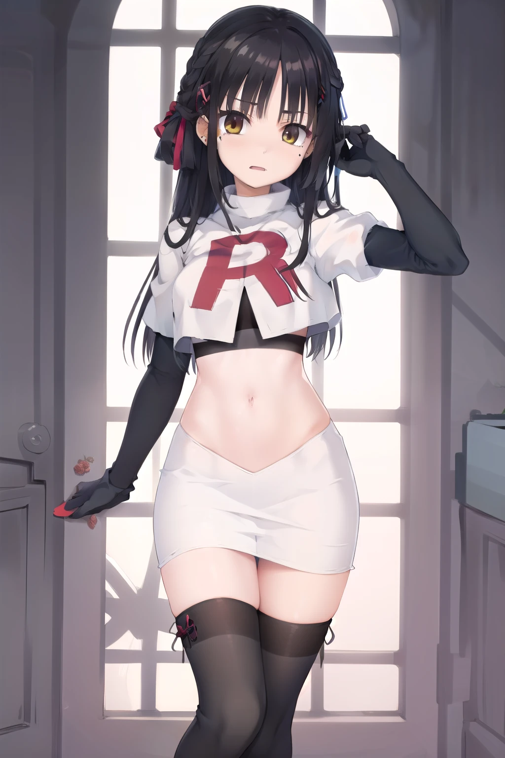 solo, Natsume, black hair, yellow eyes, long hair, hairclip, hair ribbon, mole under eye, hair flower, red flower, team rocket,team rocket uniform,white skirt,red letter R,crop top,black thigh-highs,black elbow gloves