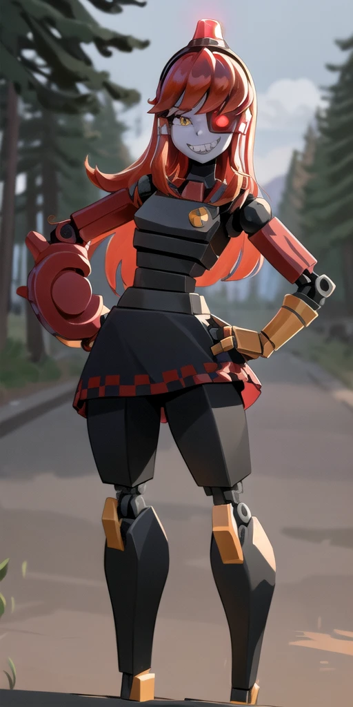 a beautiful and detailed portrait of mimi, mechanical hands,red hair, ((robot)),eye patch,solo,skirt, outside, clouds, pine trees,smile,mechanical legs,sharp teeth, standing, no feet, hand on hip, (arm behind head), cinematic lighting, shaded