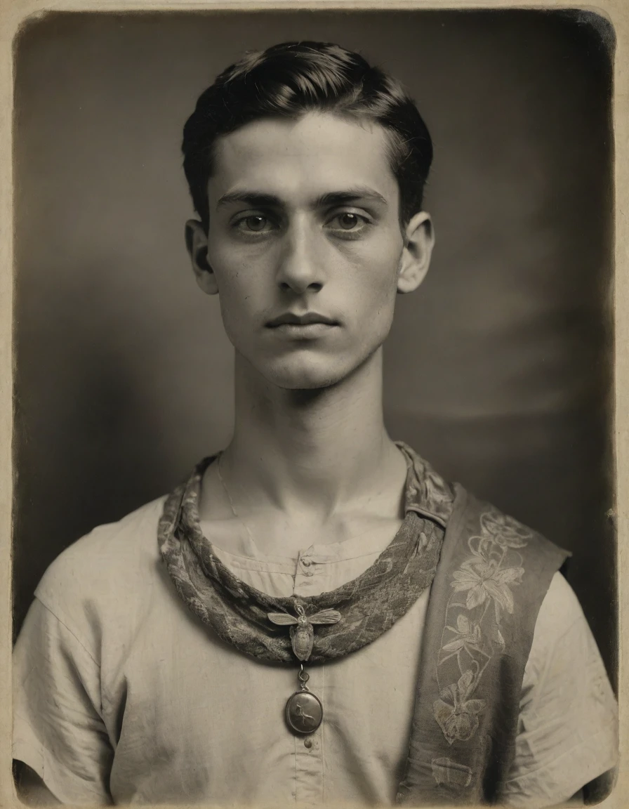 {{{rough monochrome, daguerreotype on old paper, male focus}}}, the composition is: (((((half body of a 15 year old Italian male, dignified, facing viewer, snake eyes. Tattoos, face tattoos. He is wearing an embroidered silken toga, sashes, moth medals, pauldrons, pendants of lozenge symbology, moth symbology, jungle background, moth)))))