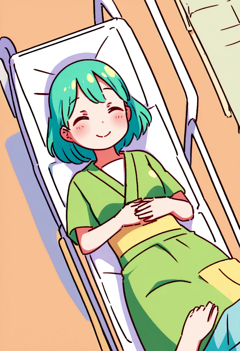 Create an illustration of a happy person caring for someone who needs their help while lying in a hospital bed