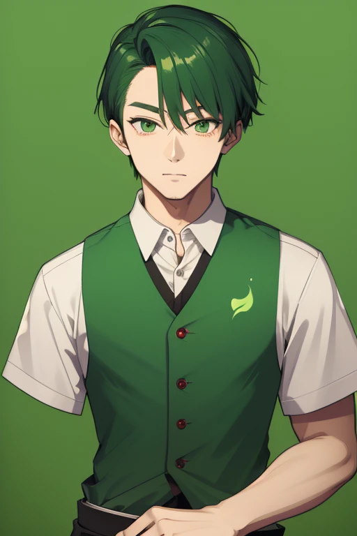 Handsome Japanese boy, green hair, faded cut, slim build, strong green eyes, short-sleeved vest, neo green shirt with slime print, red green jeans, green background