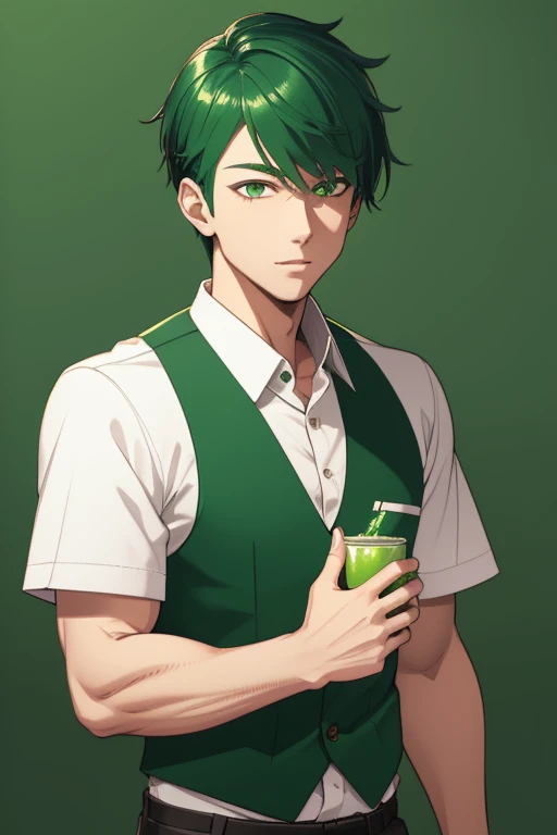 Handsome Japanese boy, green hair, faded cut, slim build, strong green eyes, short-sleeved vest, neo green shirt with slime print, red green jeans, green background