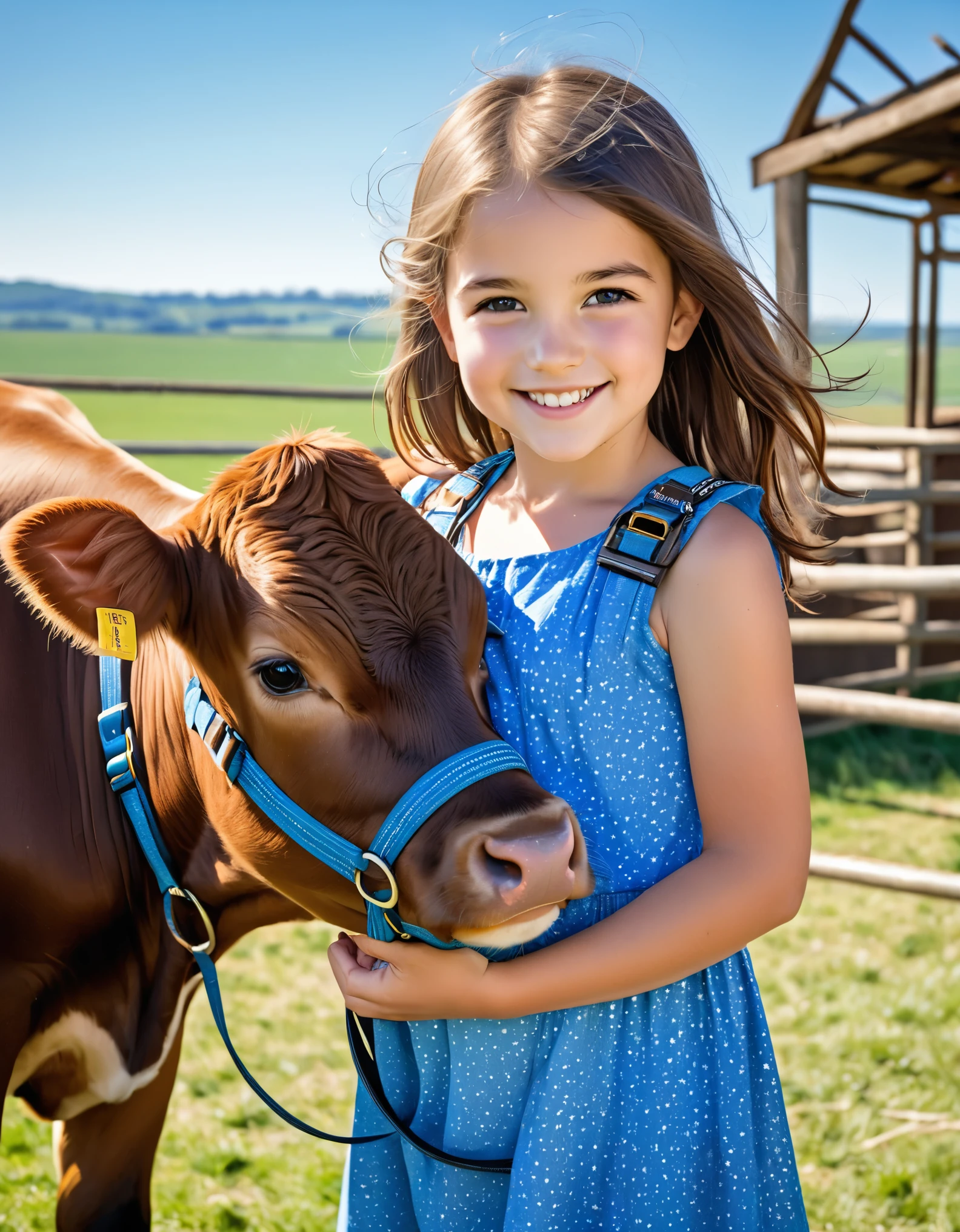A young girl with brown hair in a blue sleeveless dress, smiling and posing closely with a brown calf wearing a harness. They are outdoors on a sunny day, with a blue sky and some structures faintly visible in the background. The photograph captures a moment of connection and warmth between the girl and the calf
