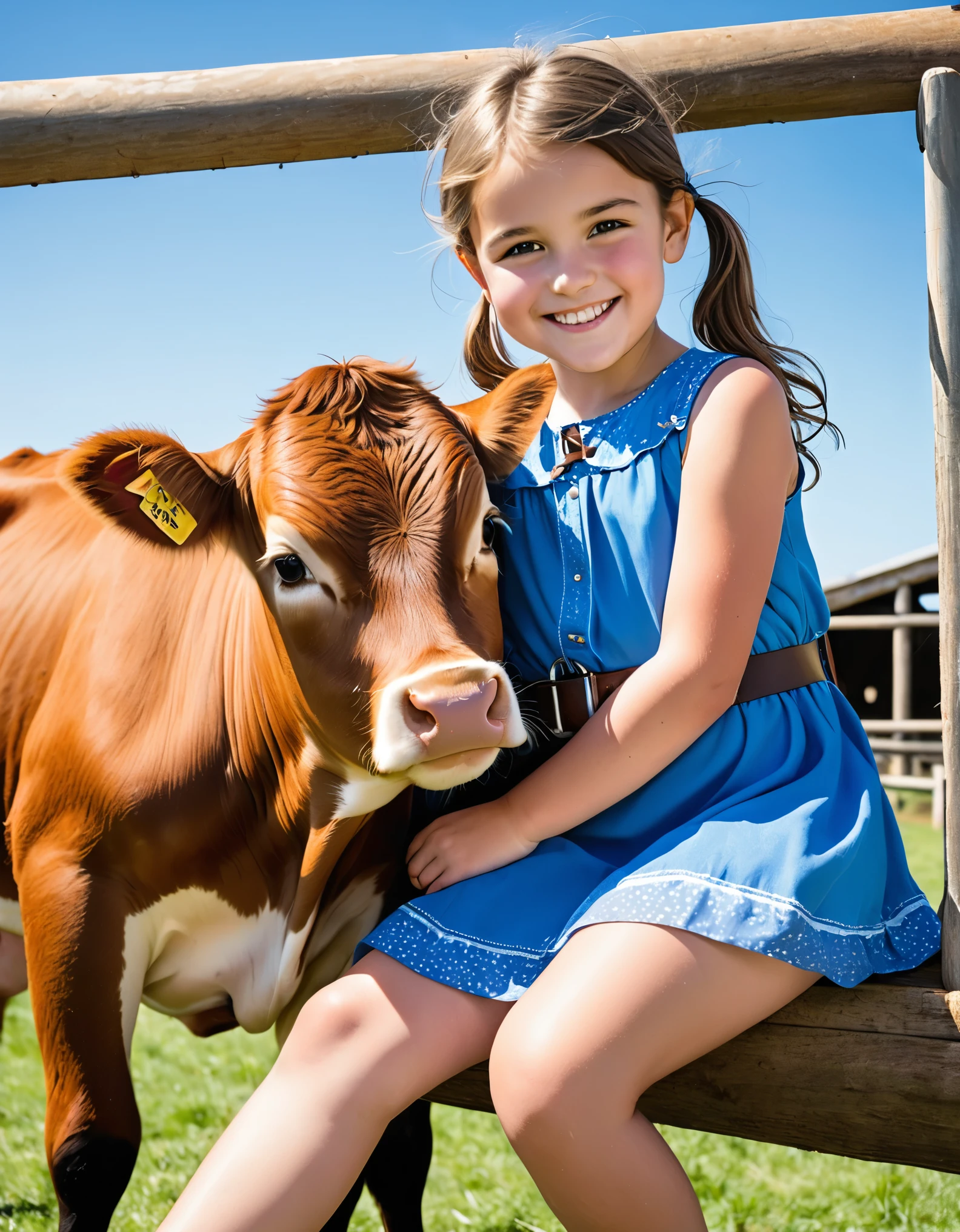 A young girl with brown hair in a blue sleeveless dress, smiling and posing closely with a brown calf wearing a harness. They are outdoors on a sunny day, with a blue sky and some structures faintly visible in the background. The photograph captures a moment of connection and warmth between the girl and the calf