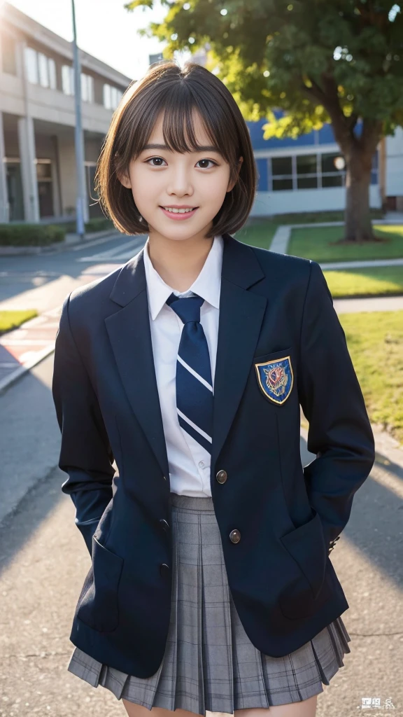(Highest quality,8K quality,masterpiece:1.3),(Ultra-high resolution,Photorealistic:1.4,RAW Photos),(Very detailed,Caustics,Detailed Background),(Ultra-Realistic Capture,Beautiful and detailed skin,Perfect Anatomy),At dusk,Sunset sky,School building,Schoolyard,18-year-old,cute,single eyelid,Black short bob,School blazer uniform,Looking at the camera,Laughter,Bust up shot,Natural soft light