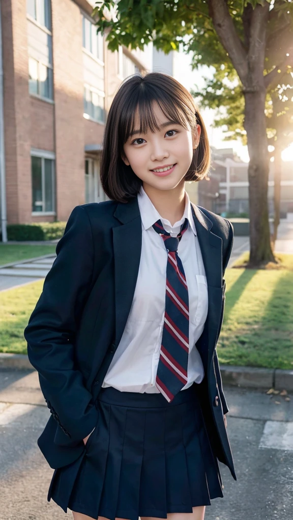 (Highest quality,8K quality,masterpiece:1.3),(Ultra-high resolution,Photorealistic:1.4,RAW Photos),(Very detailed,Caustics,Detailed Background),(Ultra-Realistic Capture,Beautiful and detailed skin,Perfect Anatomy),At dusk,Sunset sky,School building,Schoolyard,18-year-old,cute,single eyelid,Black short bob,School blazer uniform,Looking at the camera,Laughter,Bust up shot,Natural soft light