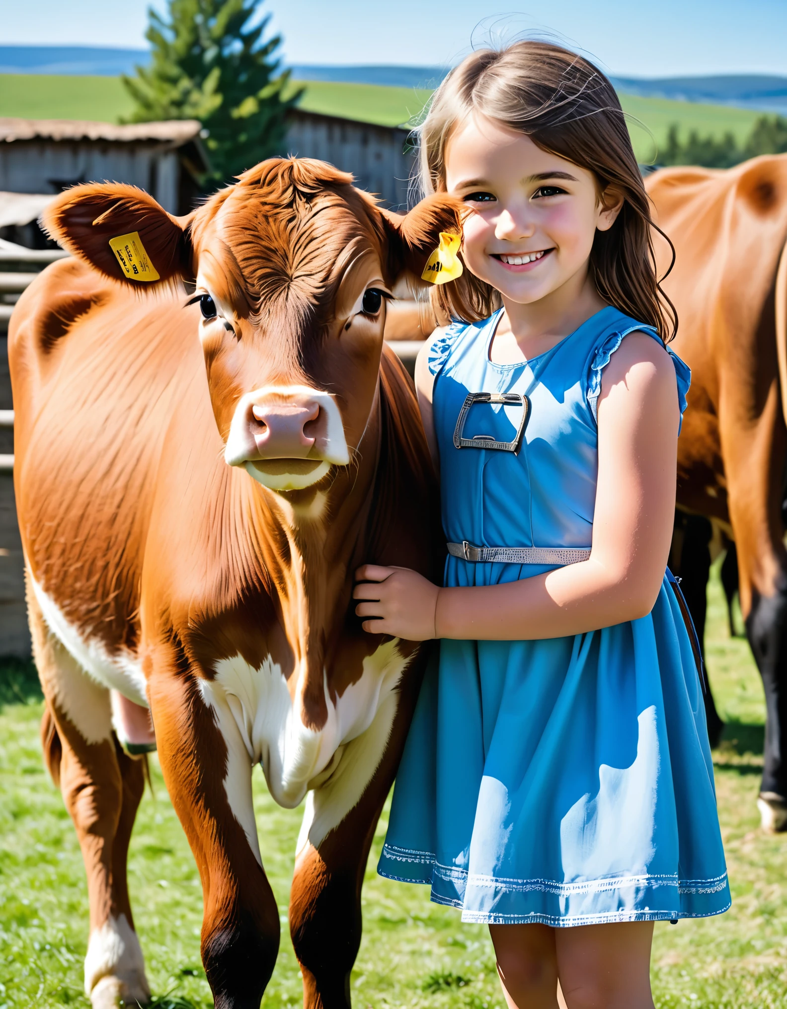 A young girl with brown hair in a blue sleeveless dress, smiling and posing closely with a brown calf wearing a harness. They are outdoors on a sunny day, with a blue sky and some structures faintly visible in the background. The photograph captures a moment of connection and warmth between the girl and the calf