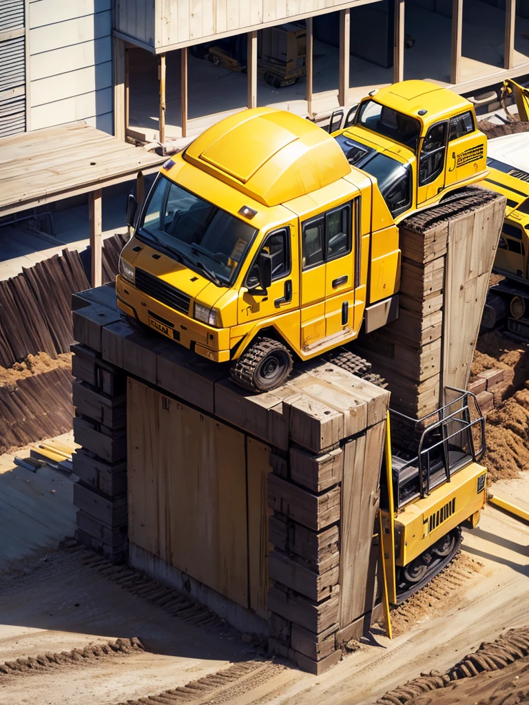 Highest quality,Highest Resolution,Man working at construction site,Black work clothes,Yellow helmet,Excavator,sunny,Sweating profusely