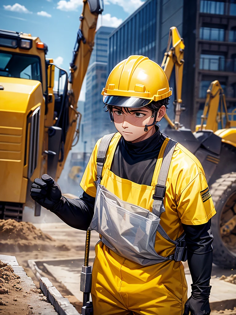 Highest quality,Highest Resolution,Man working at construction site,Black work clothes,Yellow helmet,Excavator,sunny,Sweating profusely