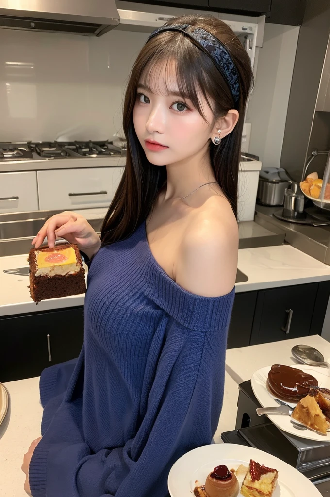 (small breasts:1.3), (perky chest:1.1), (pointed chest:1.0), (Pudding cake magazine cover:1.3),(from above:1.0),(from side:0.9),masterpiece, 1girl, Amazing Cleavage:1.1, thin waist, big ass, Raised sexy, small breast: 1.3, sexy posed cleavage:1.2,solo, open mouth, have a cute grass of cute beergrass,bronde hair, dark blue eyes, dress, bare shoulders, jewelry, collarbone, sidelocks, hairband, earrings, indoors, off shoulder, sweater, arms behind back, plant, short hair with long locks, gild hairband, sweater dress:1.2, off-shoulder sweater, red sweater, dark gord hair, big side hair, very long side hair,is rendered in (masterpiece: 1.2, best quality), with (ultra high resolution) and an exquisite (depth of field). This masterpiece is not only visually stunning but also tells,A scene of cooking in the kitchen in the classroom ,looking at viewer,