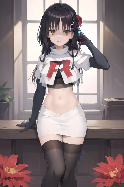 solo, Natsume, black hair, yellow eyes, long hair, hairclip, hair ribbon, mole under eye, hair flower, red flower, team rocket,team rocket uniform,white skirt,red letter R,crop top,black thigh-highs,black elbow gloves