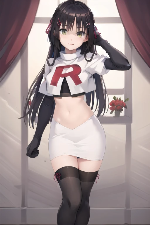 solo, Natsume, black hair, yellow eyes, long hair, hairclip, hair ribbon, mole under eye, hair flower, red flower, team rocket,team rocket uniform,white skirt,red letter R,crop top,black thigh-highs,black elbow gloves